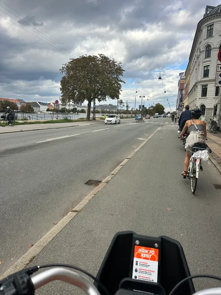 A person cycling along a continuous separated cycleway beside a Copenhagen street.